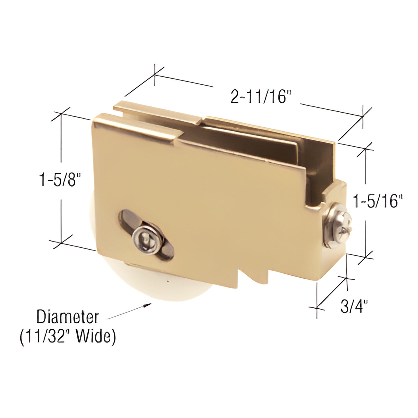 Gold steel patio door roller assembly SKU D1557 with single nylon concave wheel, 3/4" housing width, 2 11/16" length.