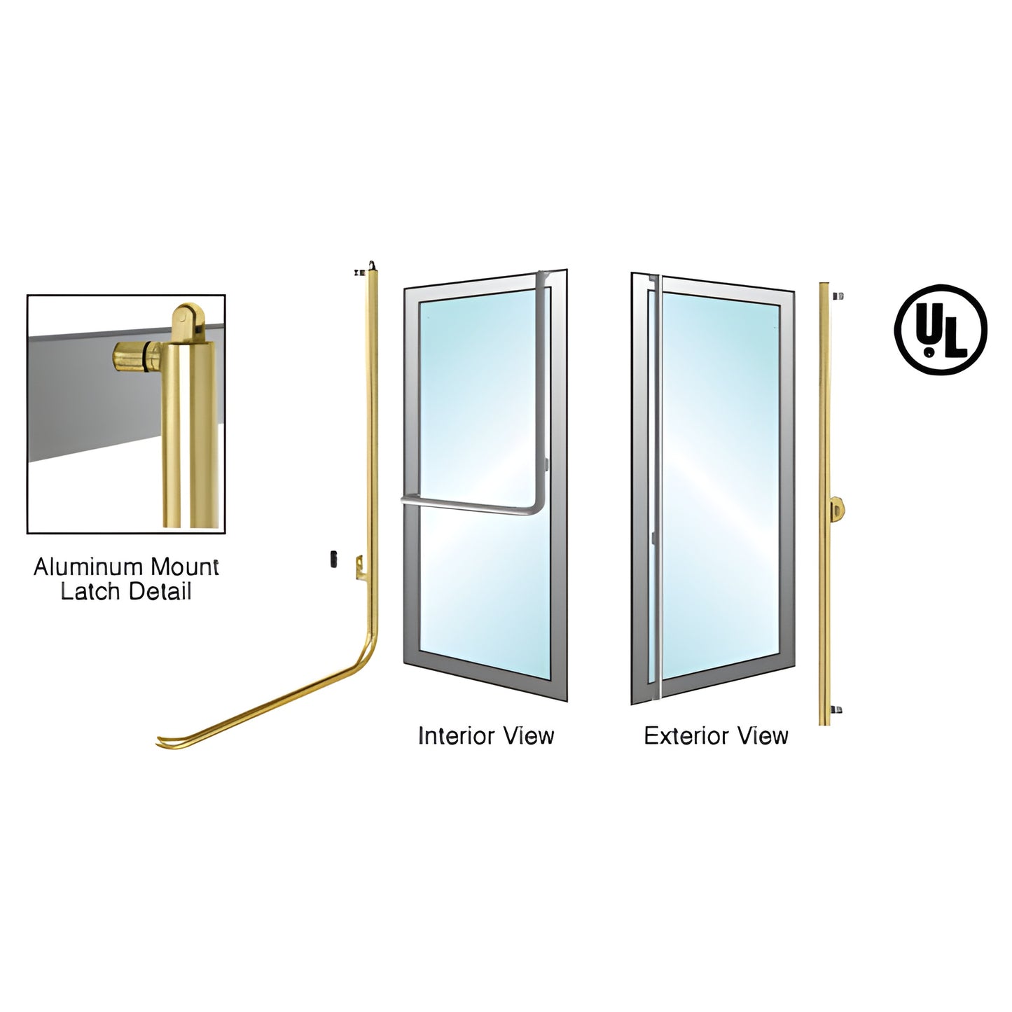 Satin brass PA100 panic handle for 1/2-3/4" glass doors, 1-1/4" tube, interior and exterior views, aluminum/wood mount