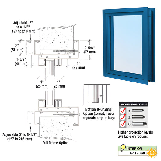 Clamp-on powder-coated blue vision window SKU C0VEP for walk-up transaction drawers, fits 5-81 2" wall thickness.