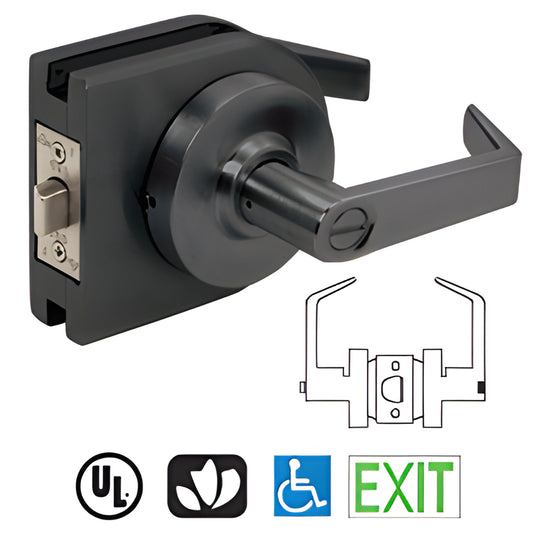 Matte black round lever lock housing (LH40MBL) for 3/8-1/2 glass doors, low-profile commercial lever with strike plate.