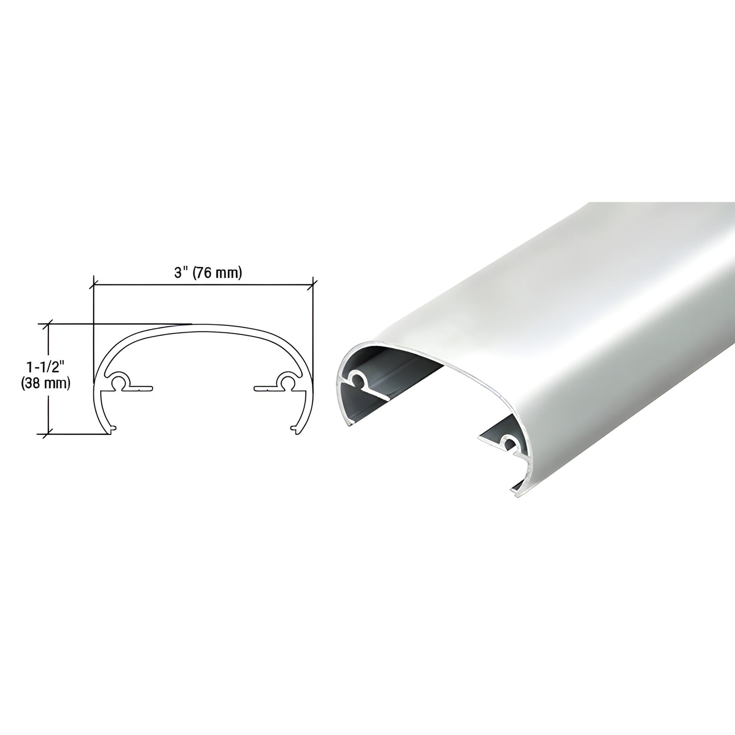 Silver metallic aluminum round top rail 3 in x 1-1/2 in for ARS railing, fits 6-12 mm glass or 3/4 in pickets - SKU 32XTR241S