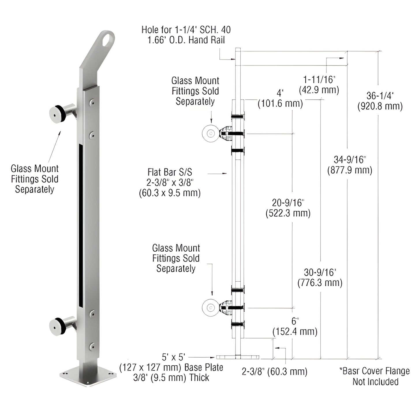 P236REBSC stainless steel surface-mounted glass railing post with 5"x5" base plate, brushed finish, 36" height; fittings sold