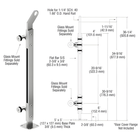 CRL P2 stainless steel surface-mount glass railing post SKU P236REPSC, 36in tall, polished, 5x5in base, fits 1/2-1in glass