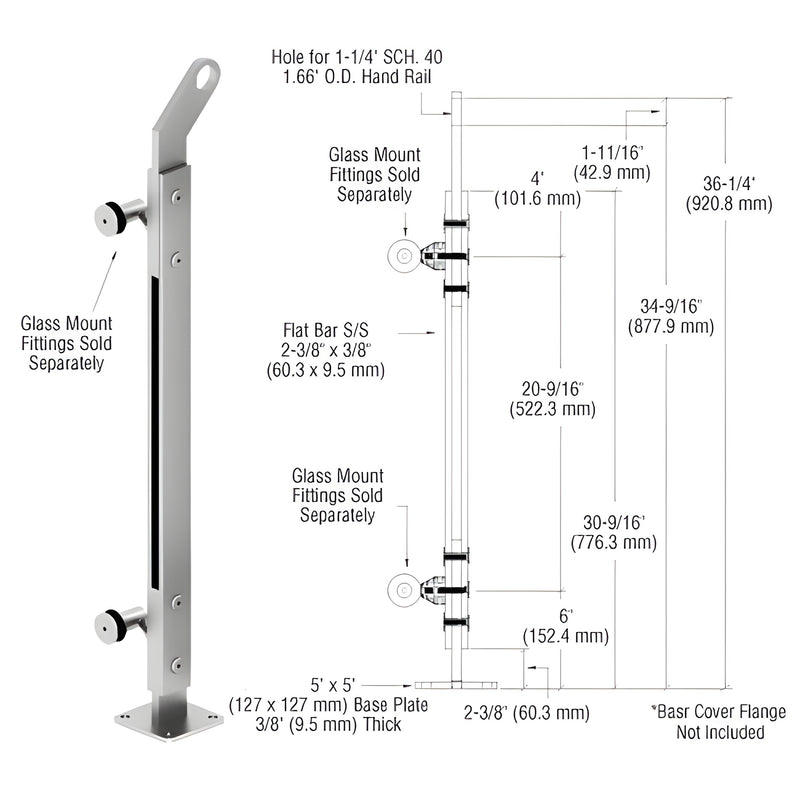 CRL P2 stainless steel surface-mount glass railing post SKU P236REPSC, 36in tall, polished, 5x5in base, fits 1/2-1in glass