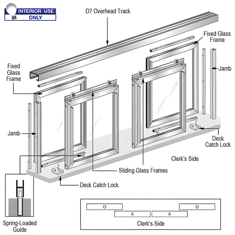 D1031A Diane pass-thru window - satin anodized four-panel (OXXO) with D7 overhead track, two sliding two fixed