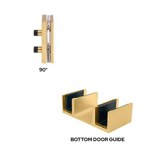 Satin Brass 90° Accessory Kit & Bottom Guide for Brixen Sliding Shower Door System.