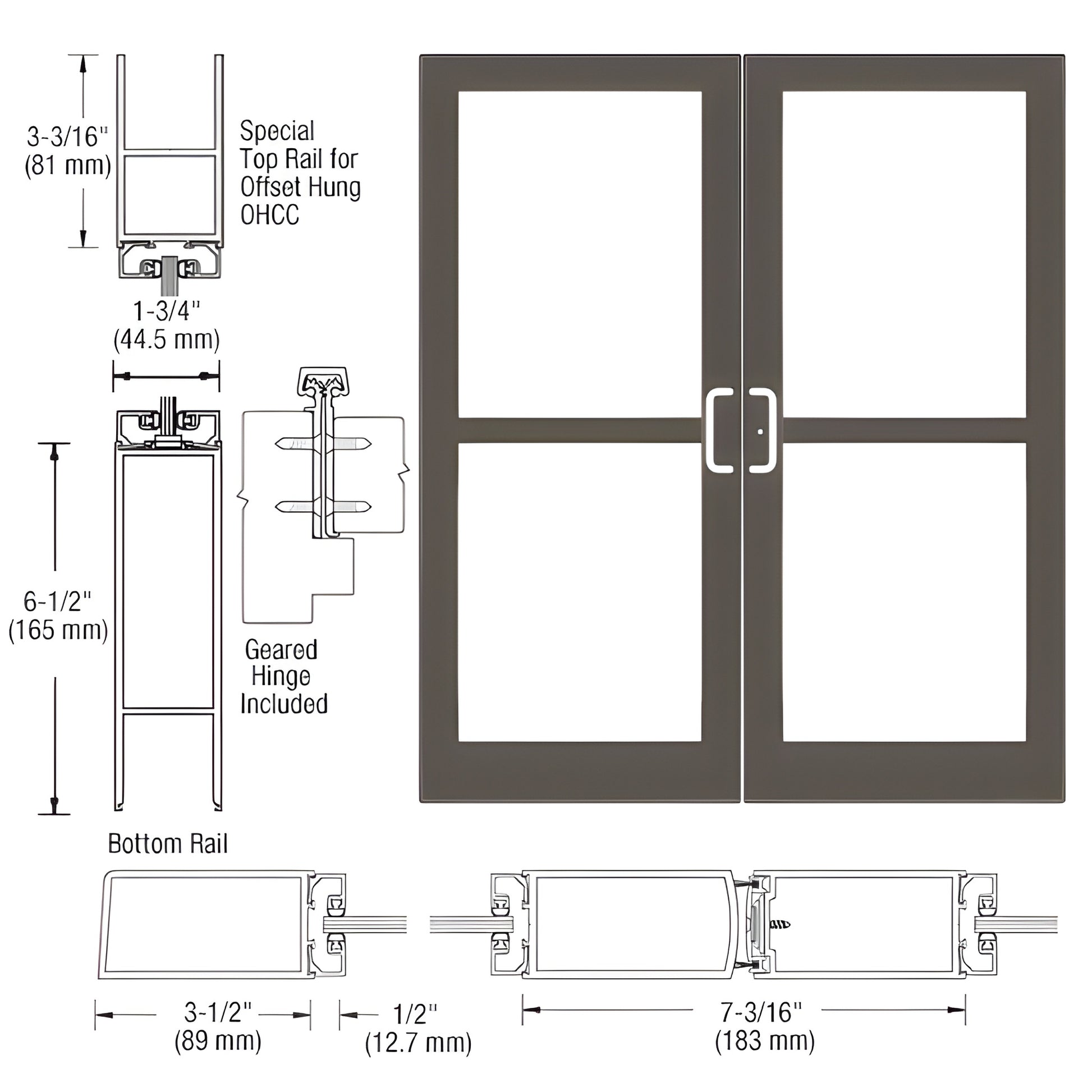 Double commercial medium-stile entrance door SKU DZ42922, black bronze anodized, four glass panels, panic pull included.
