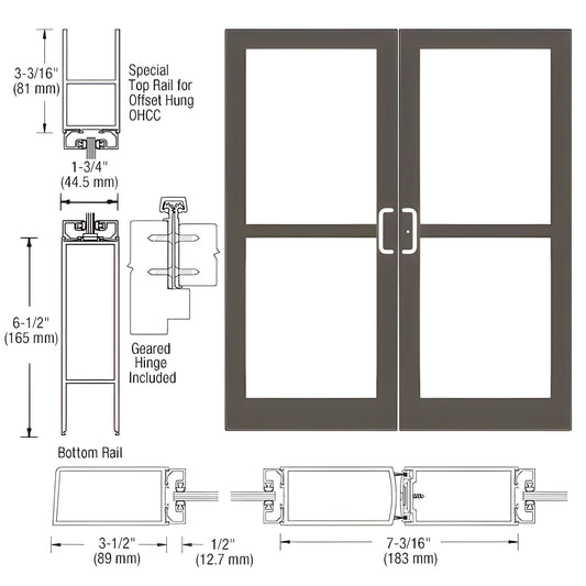 Double commercial medium-stile entrance door SKU DZ42922, black bronze anodized, four glass panels, panic pull included.