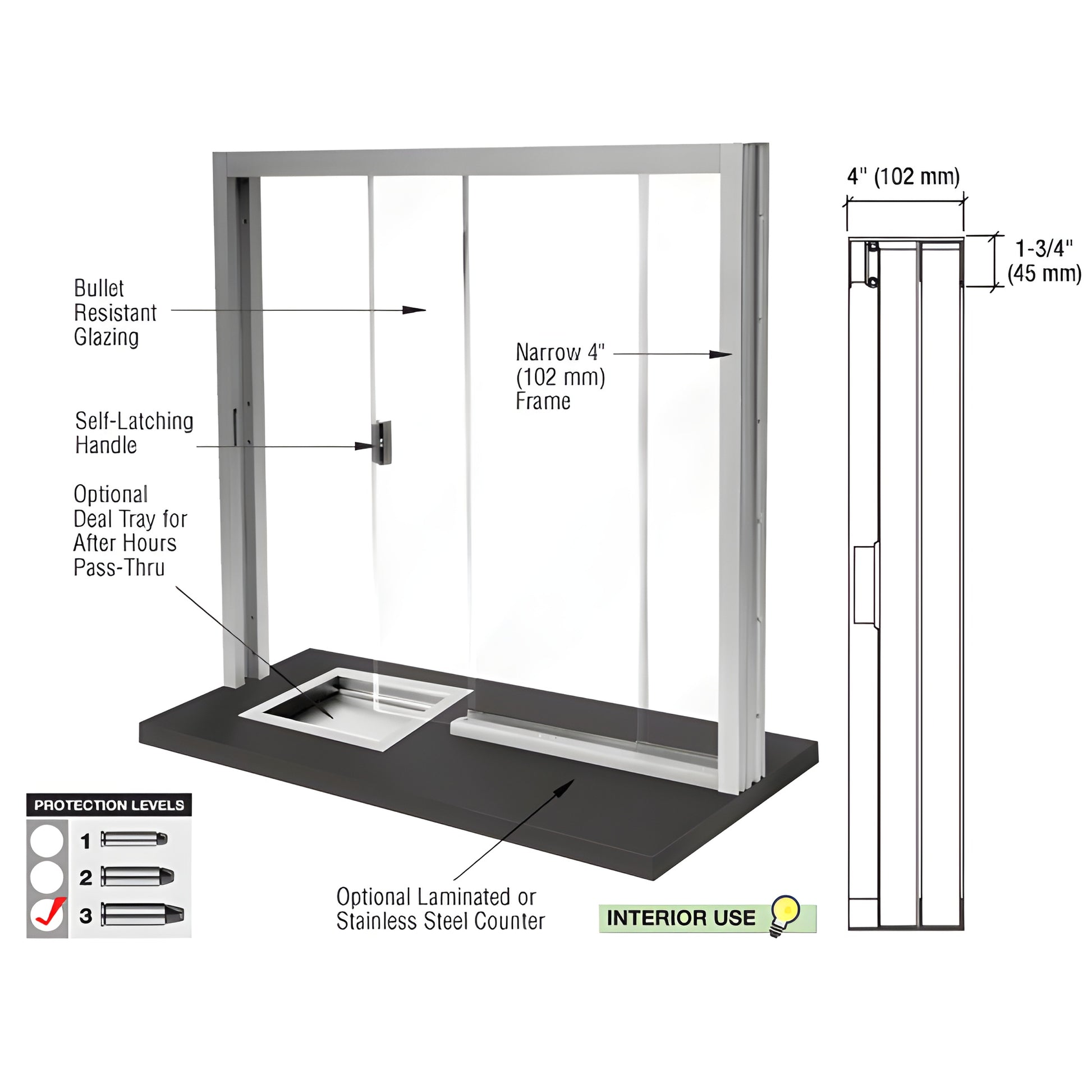 Bullet resistant sliding service window, satin anodized aluminum, 1 1/4" glazing, optional counter, interior use. SKU SBRWA3