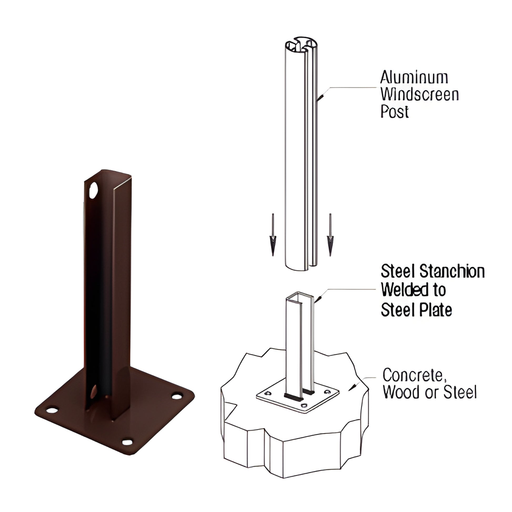 Matte bronze welded steel stanchion with 5" square base plate (SKU PSB1ABRZ); diagram shows mounting to concrete and aluminum