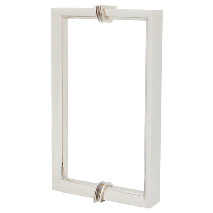 Polished nickel RM back-to-back pull handle, square exterior with rounded interior grip for glass doors, 8 in C-C