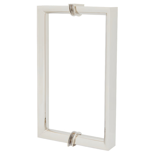 Polished nickel RM back-to-back pull handle, square exterior with rounded interior grip for glass doors, 8 in C-C