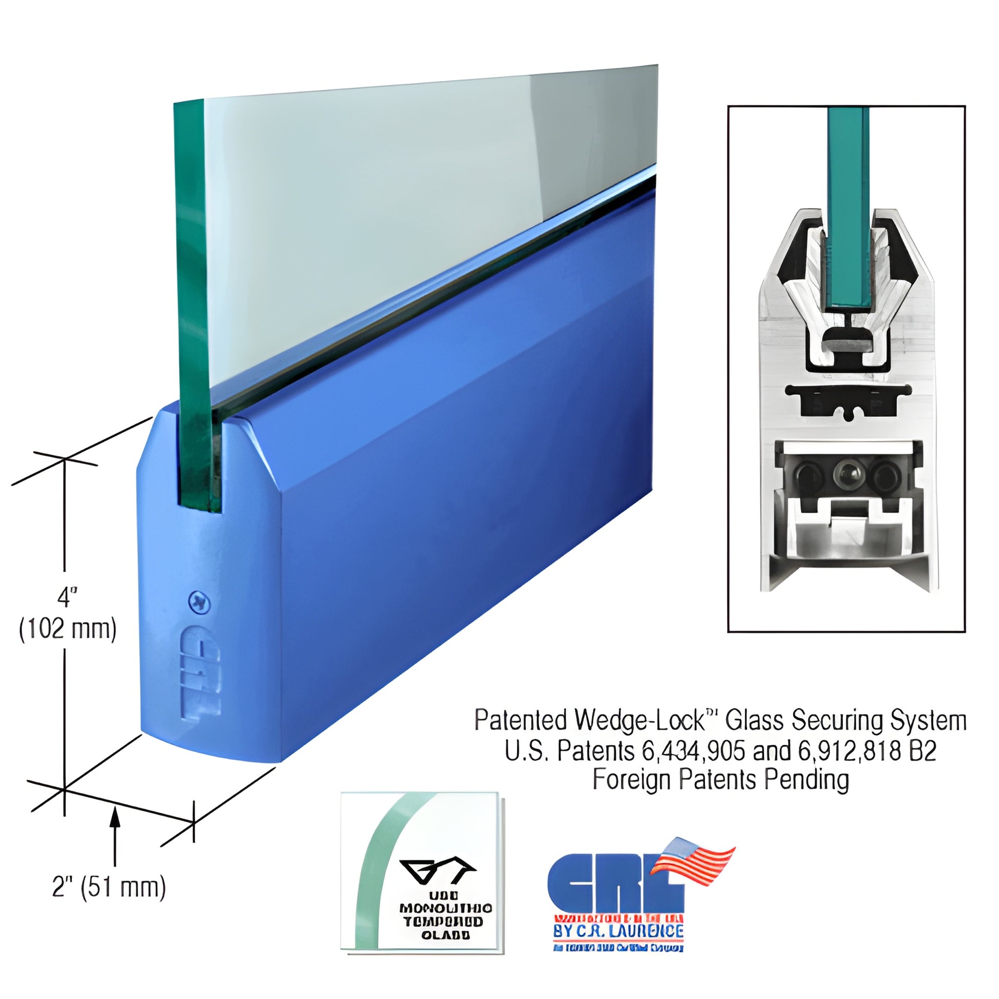 Powder-coated aluminum tapered 4" door rail (DR4TPT12C) with CRL Wedge-Lock system for 1/2" (12mm) glass