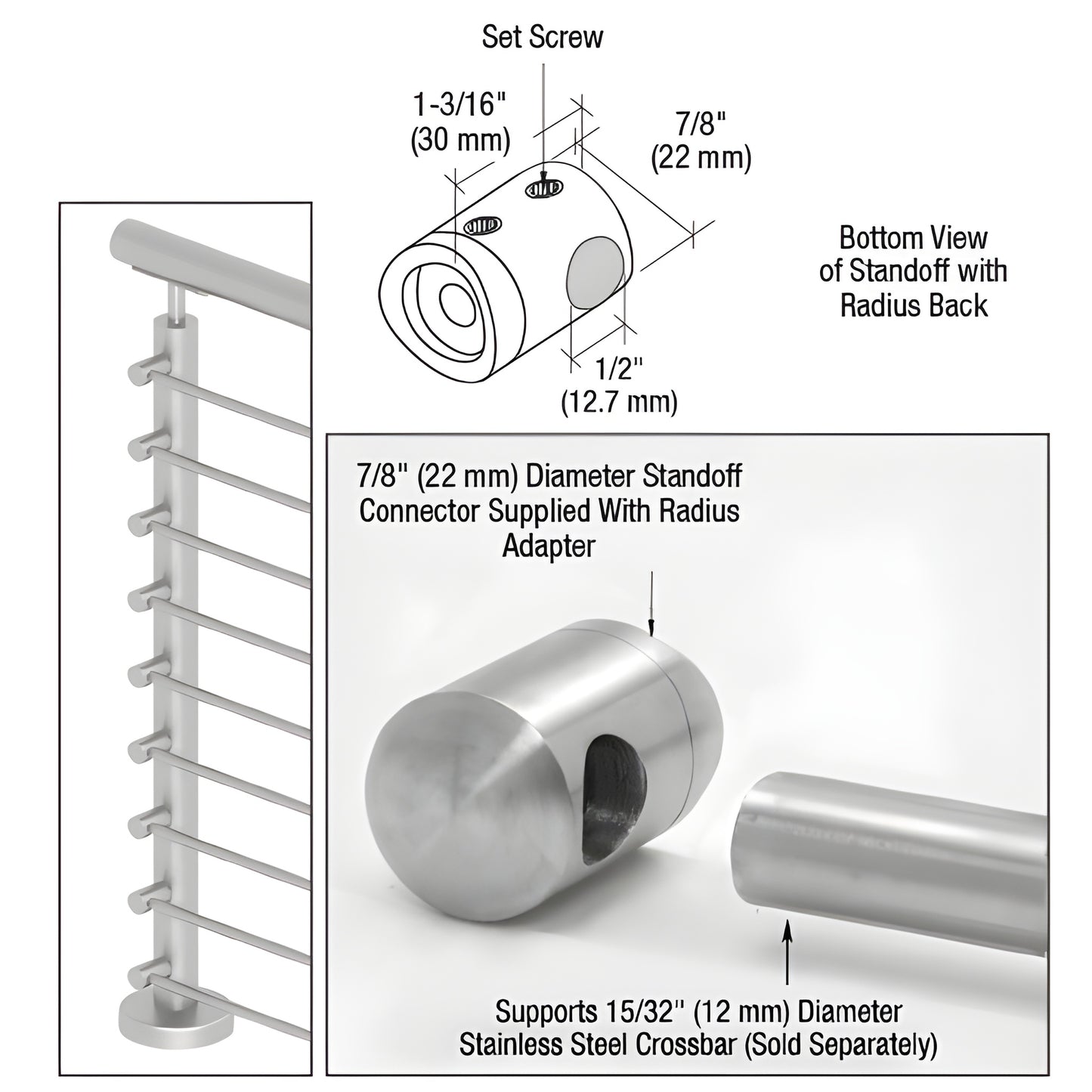 CBR3BS stainless steel brushed radius standoff connector for 12mm crossbar, surface-mount, fits 1.5-2" posts