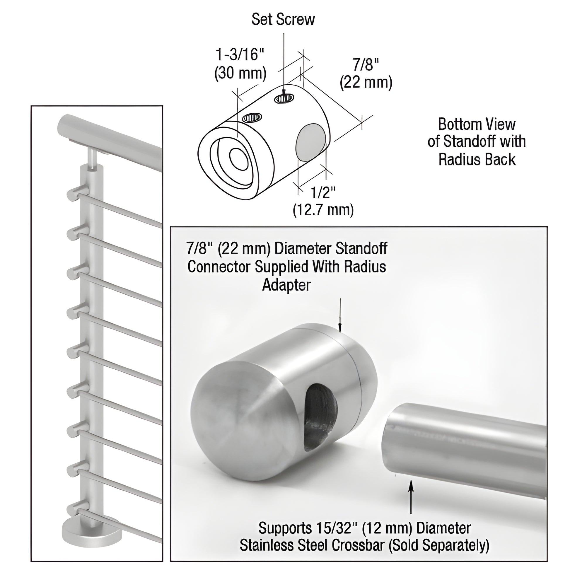 CBR3BS stainless steel brushed radius standoff connector for 12mm crossbar, surface-mount, fits 1.5-2" posts