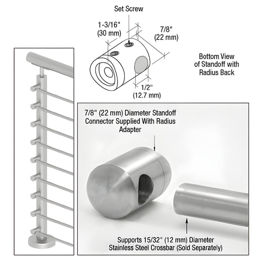 CBR3BS stainless steel brushed radius standoff connector for 12mm crossbar, surface-mount, fits 1.5-2" posts