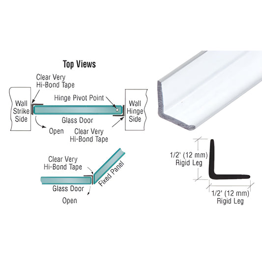 Clear polycarbonate L-angle jamb (SKU P12LJ), 95in, fits 6-12mm glass for shower hinge/strike and neo-angle installs