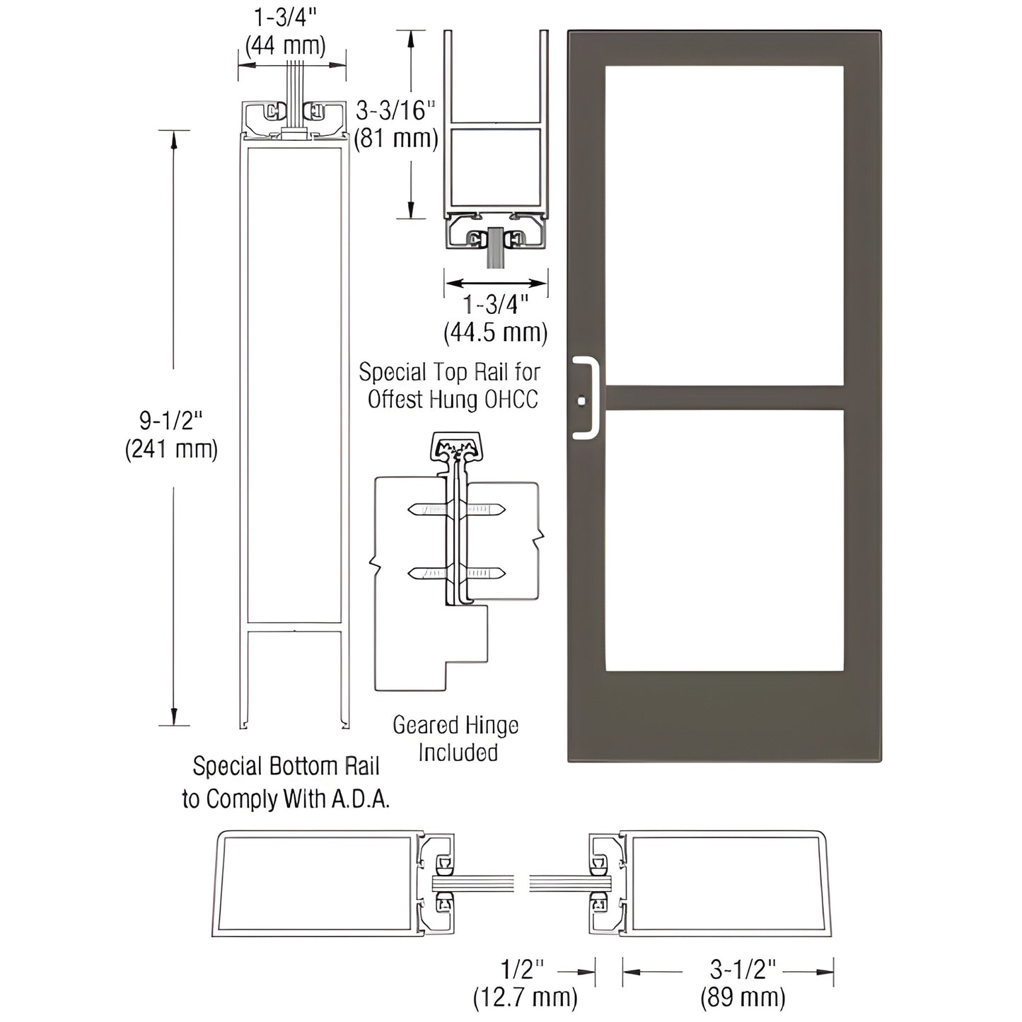 CRL medium stile entrance door, Black Bronze Anodized, 31 2" stiles, 91 2" ADA bottom rail; glass not included. SKU CZ41922