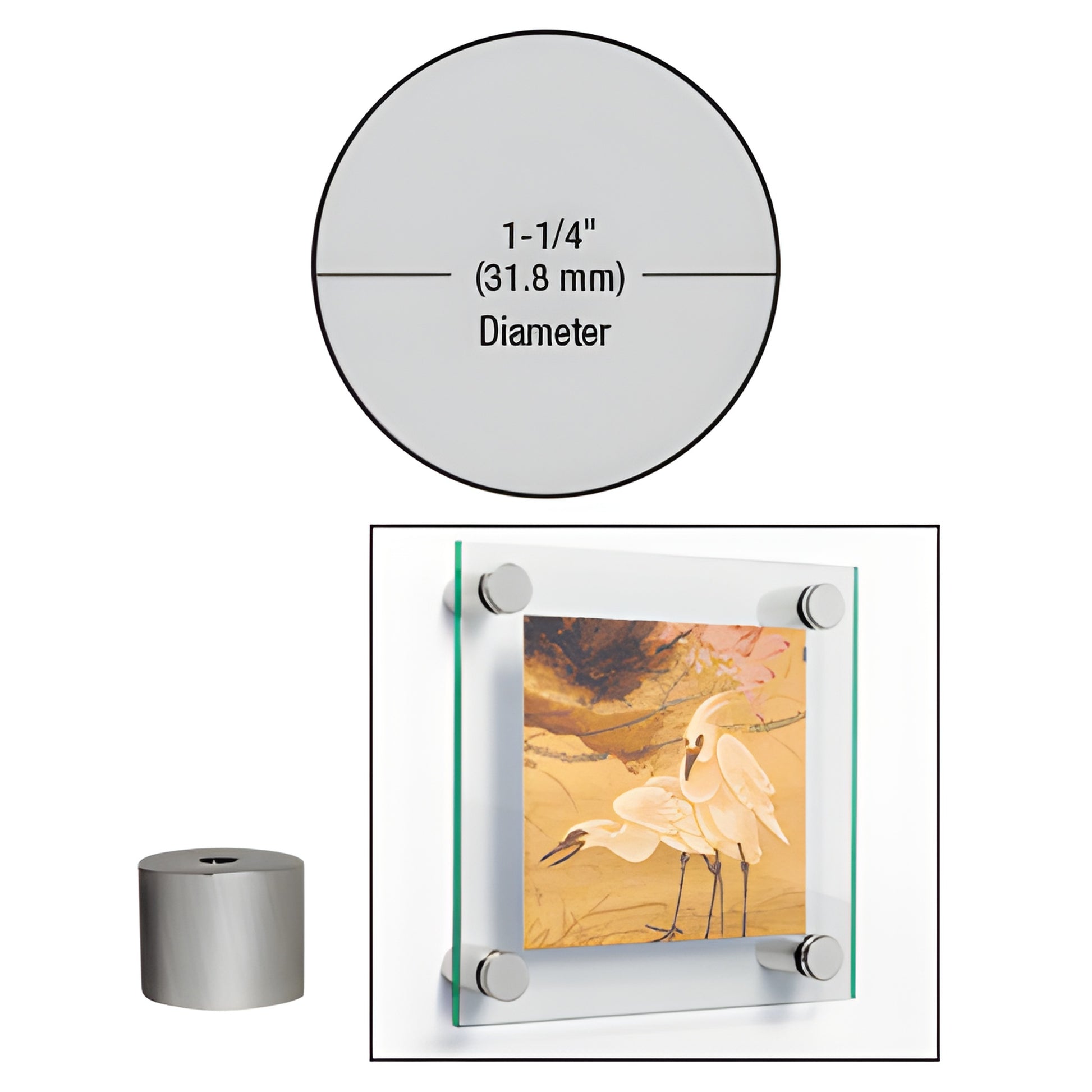 Brushed stainless steel 1-1/4 diameter standoff (316 SS) shown with glass panel and artwork, modern display mounting.