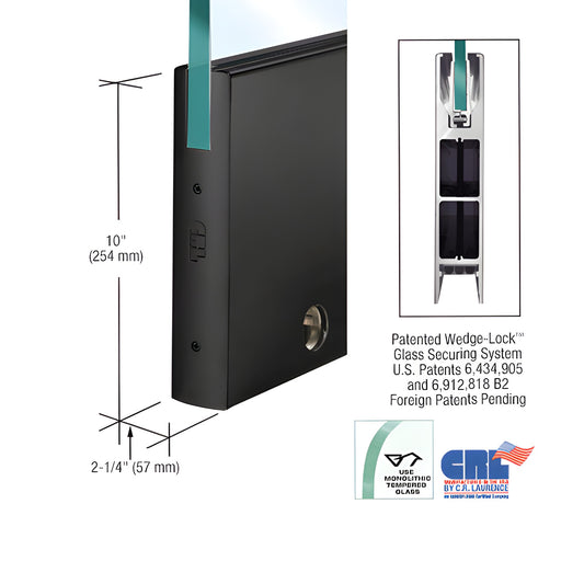 Gloss black 10" aluminum square door rail with Wedge-Lock for 1/2-3/4" glass; includes lock.