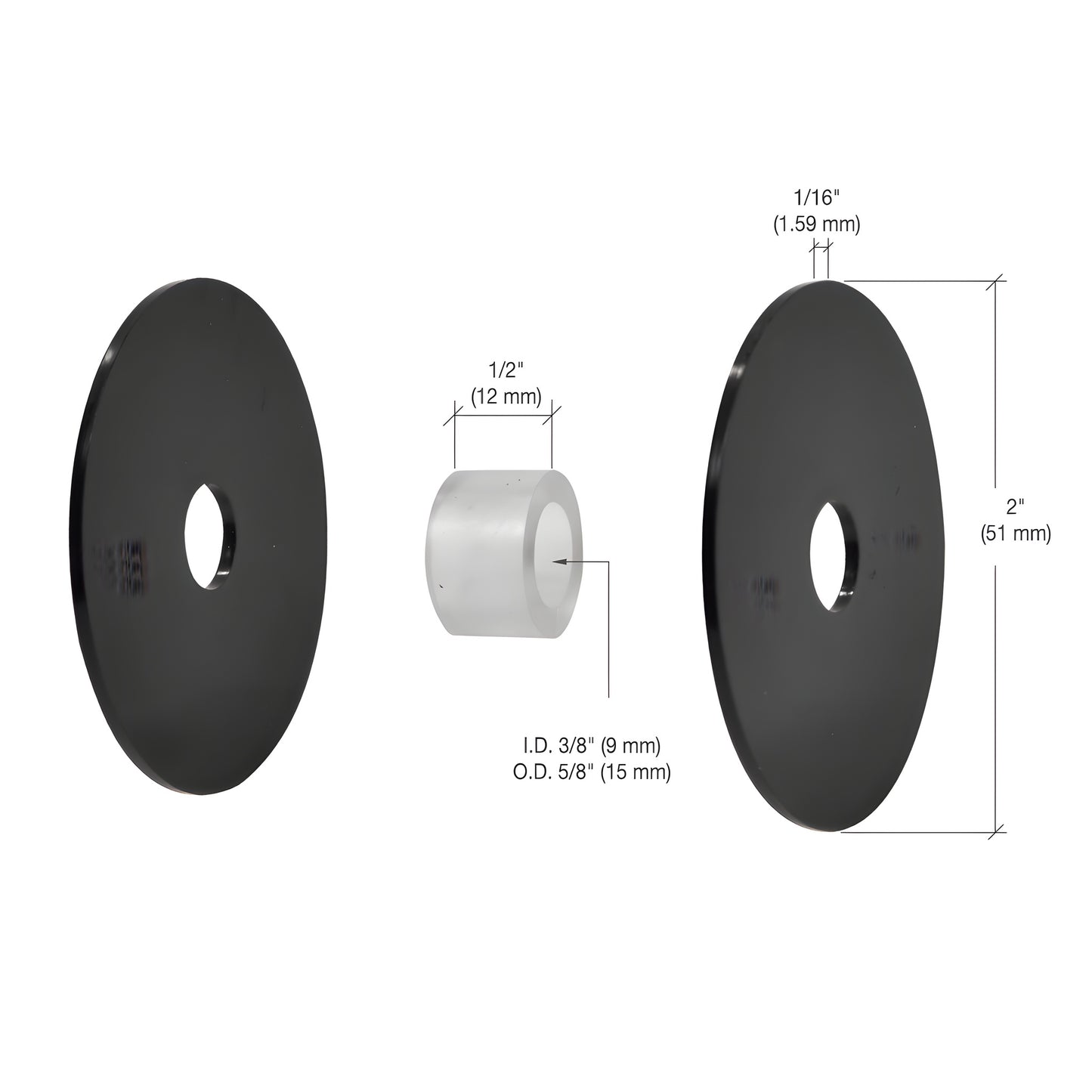 RS0BRG1 black 2in soft-plastic standoff gasket set - two black washers and one white grommet for glass protection