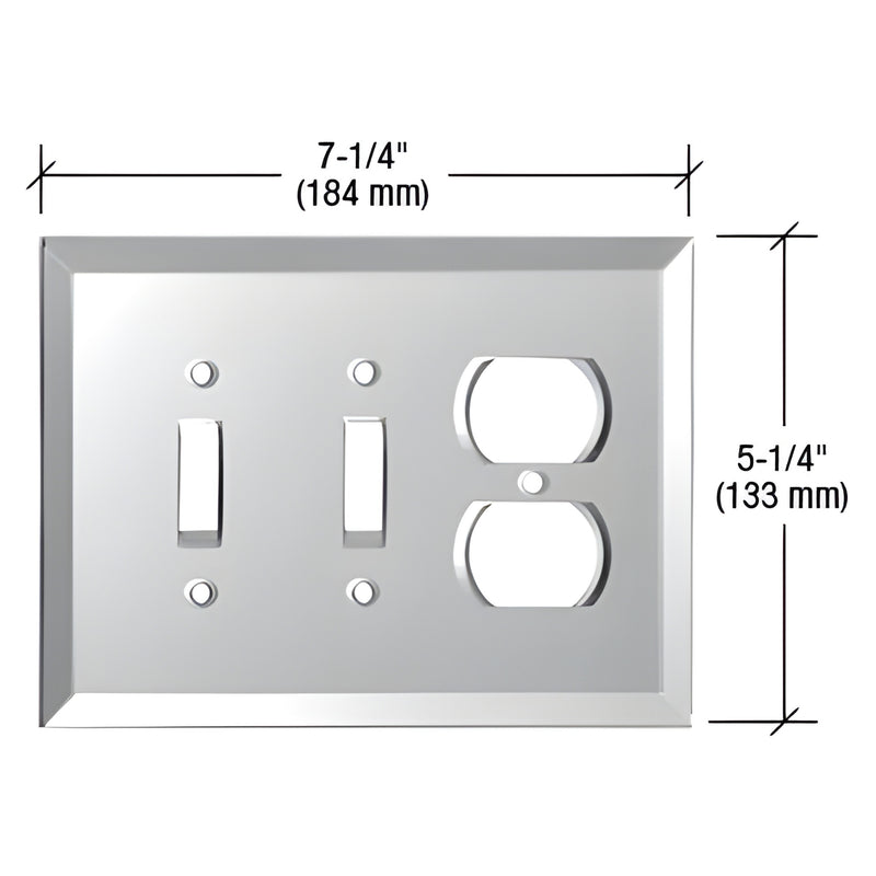 Clear beveled glass mirror wall plate (SKU GMP10C), fits double toggle + single duplex, 7-1/4 x 5-1/4 in.