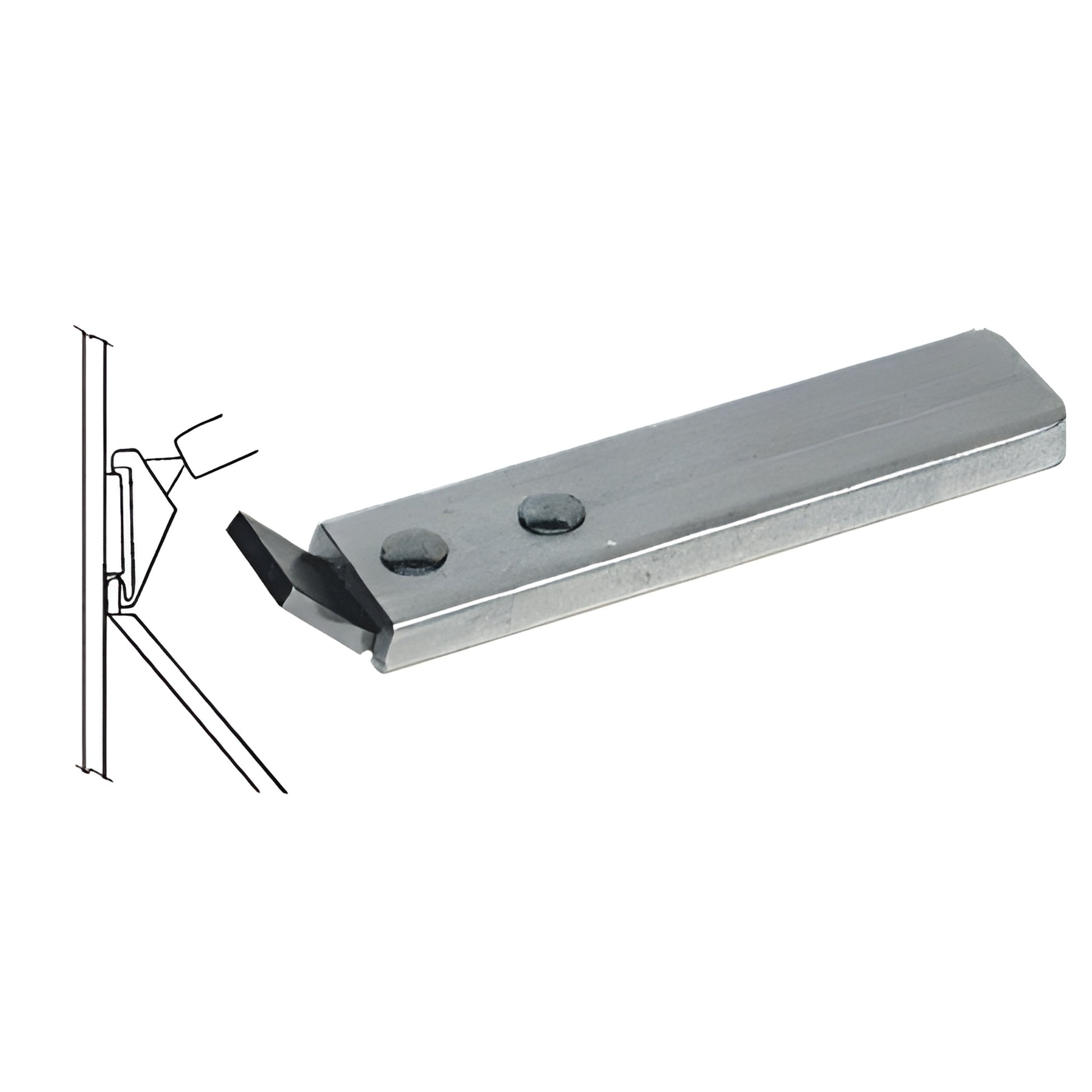CRL MB4 GM mirror removal tool - slim metal pry bar with angled black tip and diagram showing mirror removal