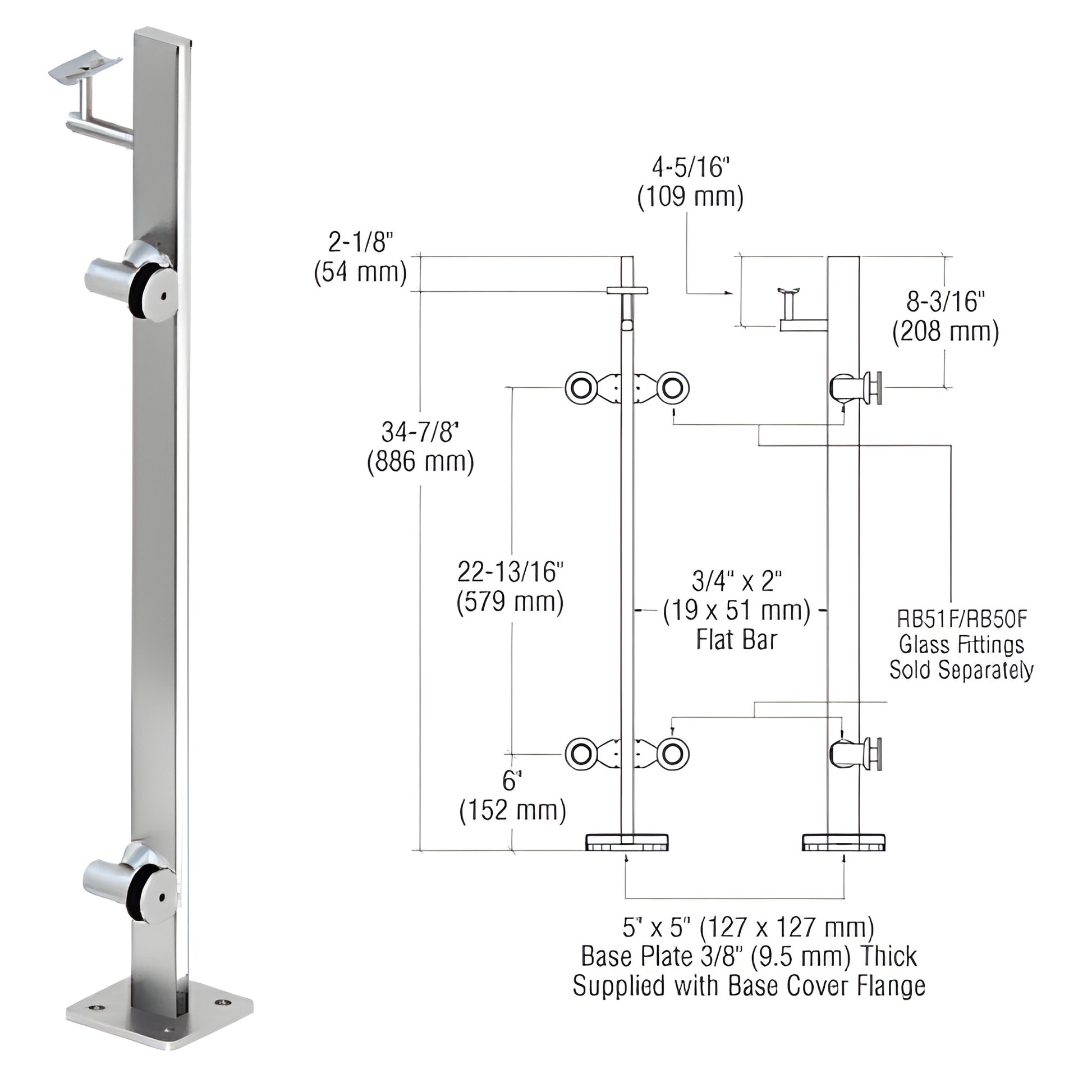P336REPS stainless steel surface-mounted railing post with 5x5 base plate; glass fittings sold separately.