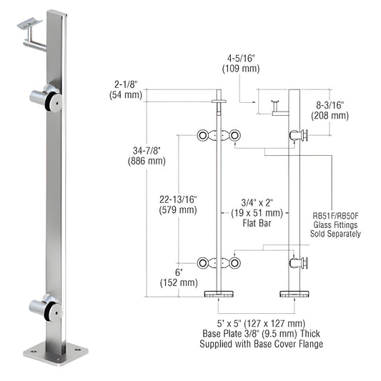 P336REPS stainless steel surface-mounted railing post with 5x5 base plate; glass fittings sold separately.