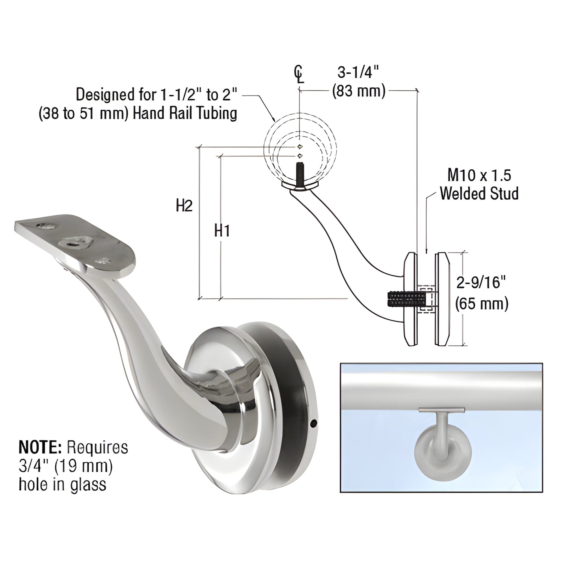 HR4GPS polished stainless steel glass-mounted handrail bracket, fits 1-1/2"-2" rail tubing, requires 3/4" hole in glass.