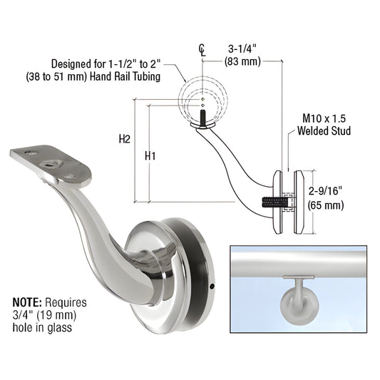 HR4GPS polished stainless steel glass-mounted handrail bracket, fits 1-1/2"-2" rail tubing, requires 3/4" hole in glass.