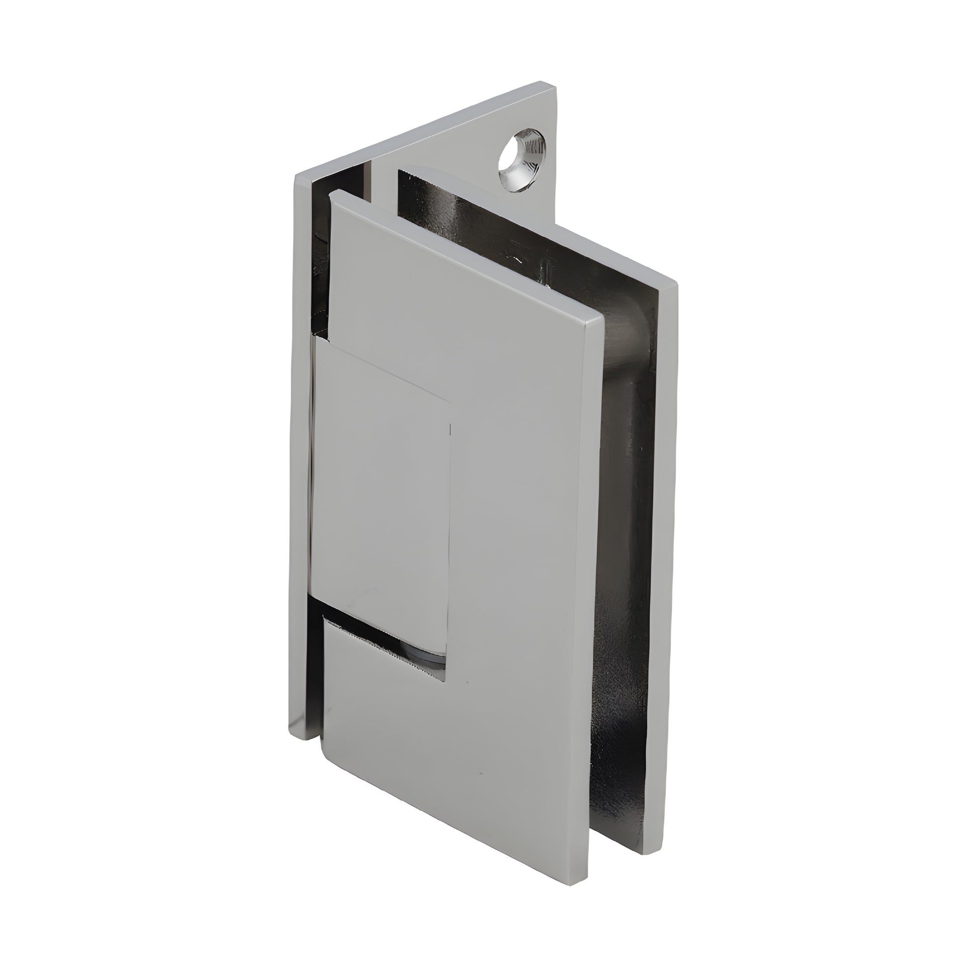 GEN044PN polished nickel brass Geneva self-centering shower door hinge, wall-mount offset, fits 8-12mm glass.