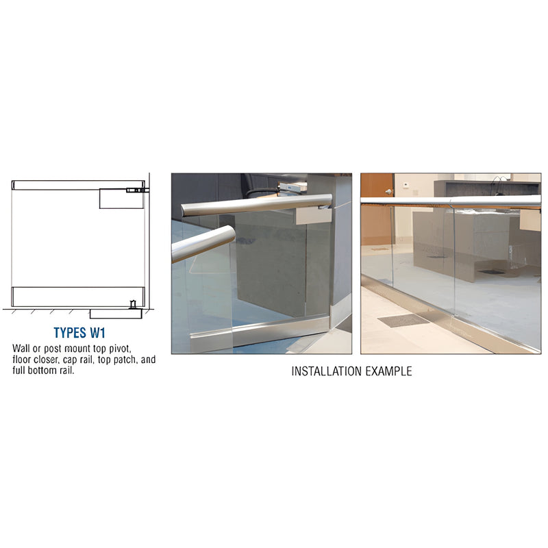 SGW1PS25WC stainless steel swinging glass gate with 2-1/2 in. cap rail and wide bottom rail, wall or post mount