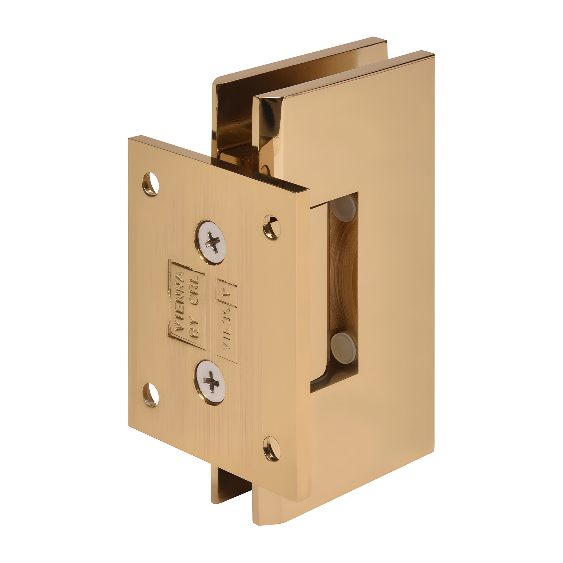 French gold brass shower door hinge, short wall-mount back plate for 3/8-1/2" glass (SKU V1E074FG)