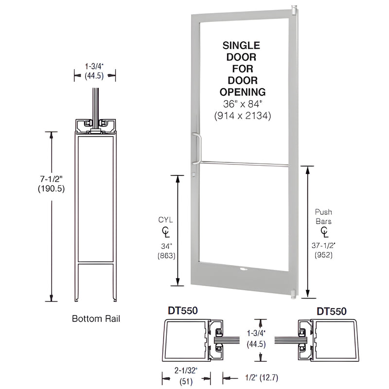 Clear anodized aluminum single commercial door 36x84, 7.5" bottom rail, accepts 1" glass - SKU 1HE21211L036