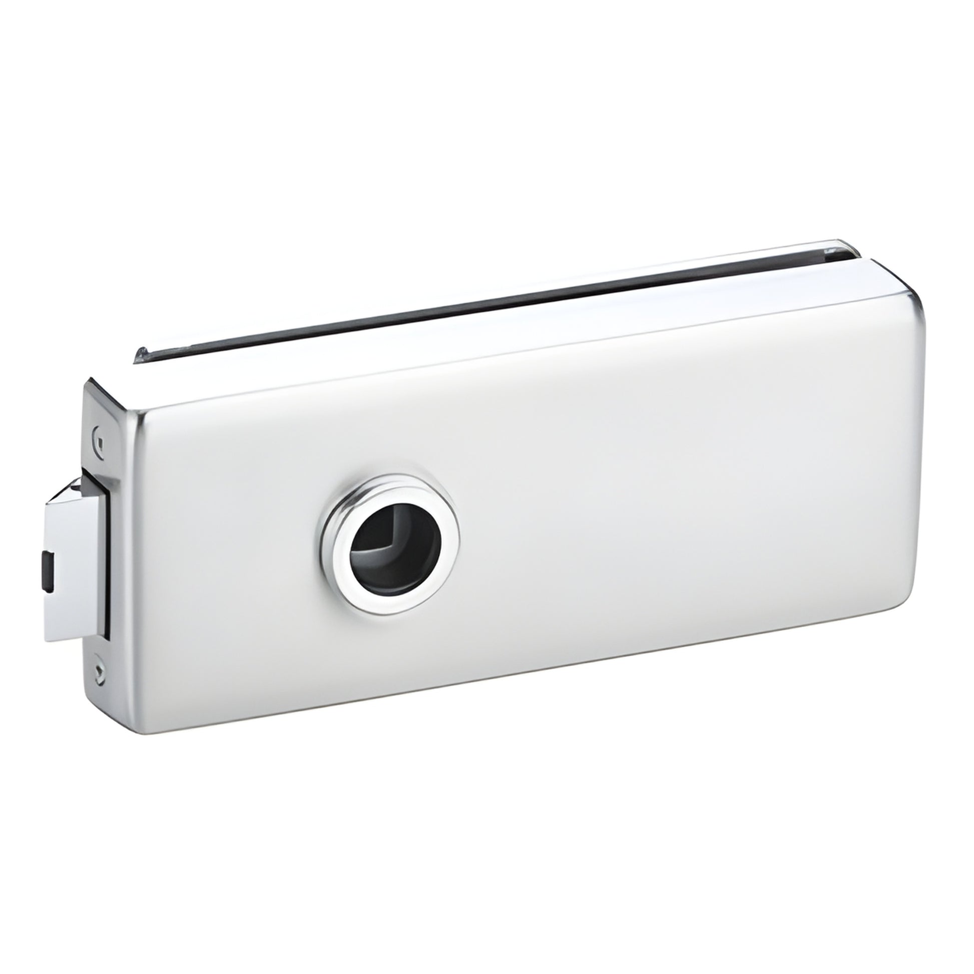 FLSSA square satin anodized glass door latch, low-profile for 8-10mm interior glass doors, no cylinder.