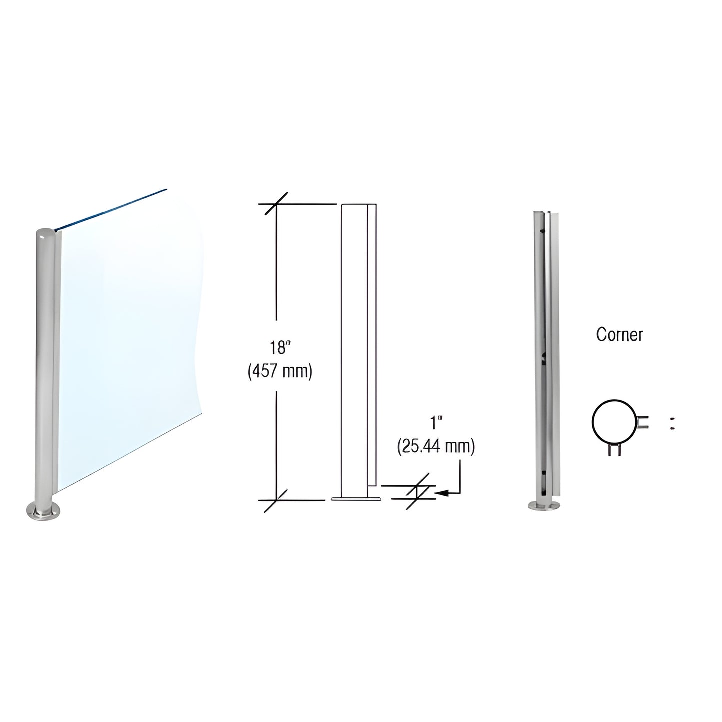 SBPP08LBS 18in brushed stainless round corner partition post with U-channel for 1/4" glass, welded base and flat cap