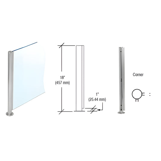 SBPP08LBS 18in brushed stainless round corner partition post with U-channel for 1/4" glass, welded base and flat cap