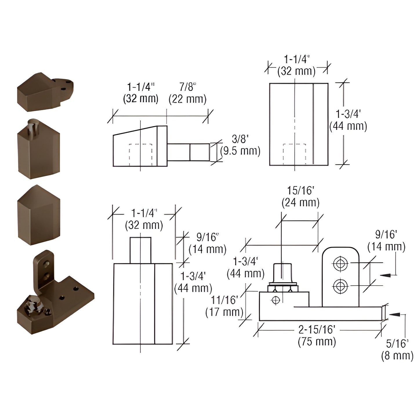 Dark bronze CRL offset pivot set for aluminum storefront doors, right-hand, includes pivot components and dimension diagram.