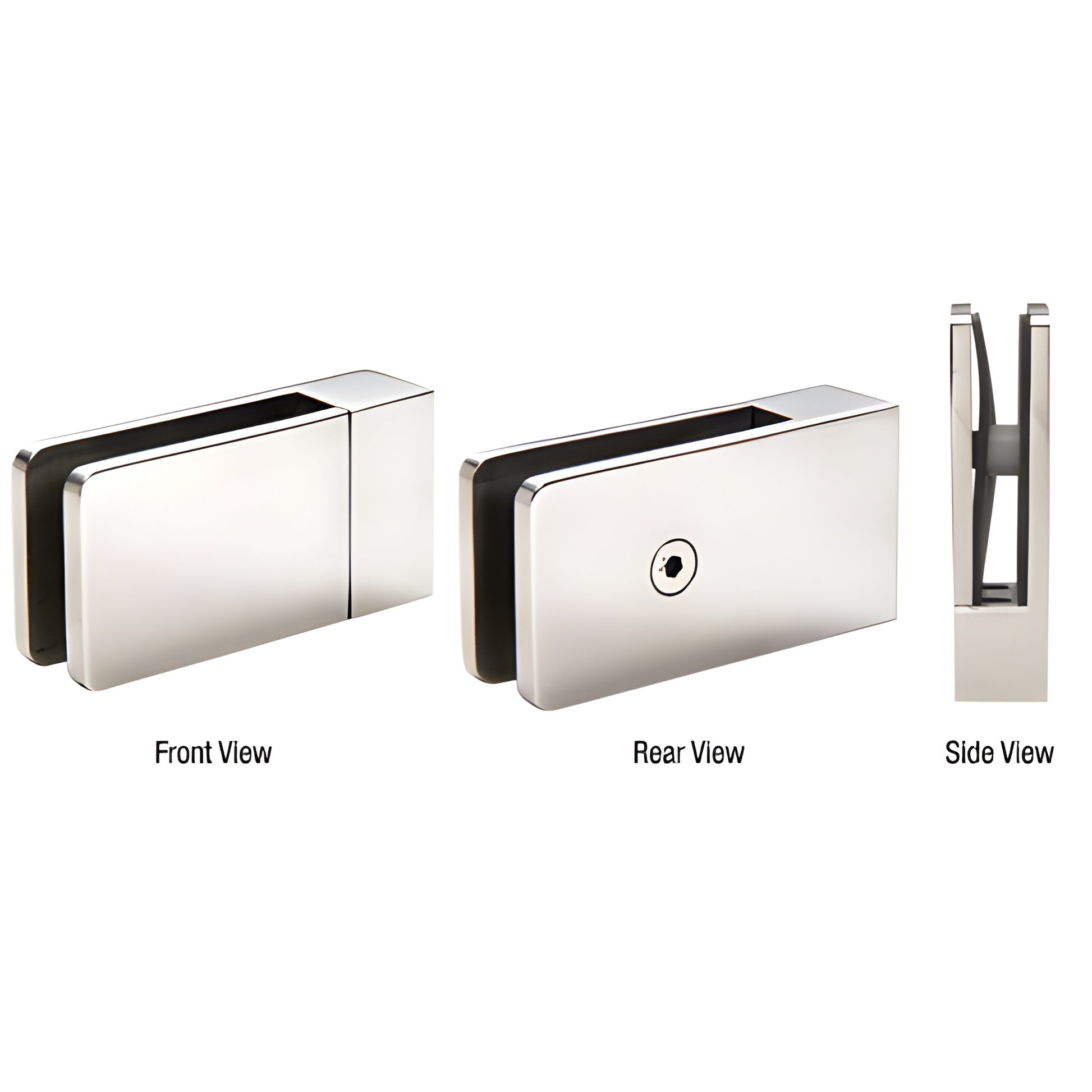 CRL CMC1CH tall base glass clamp, polished chrome brass, for 3/8" or 5/16" tempered glass - front, rear and side views