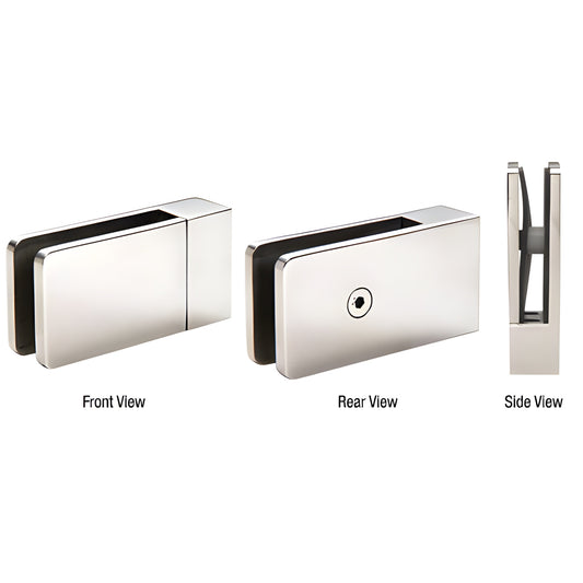 CRL CMC1CH tall base glass clamp, polished chrome brass, for 3/8" or 5/16" tempered glass - front, rear and side views