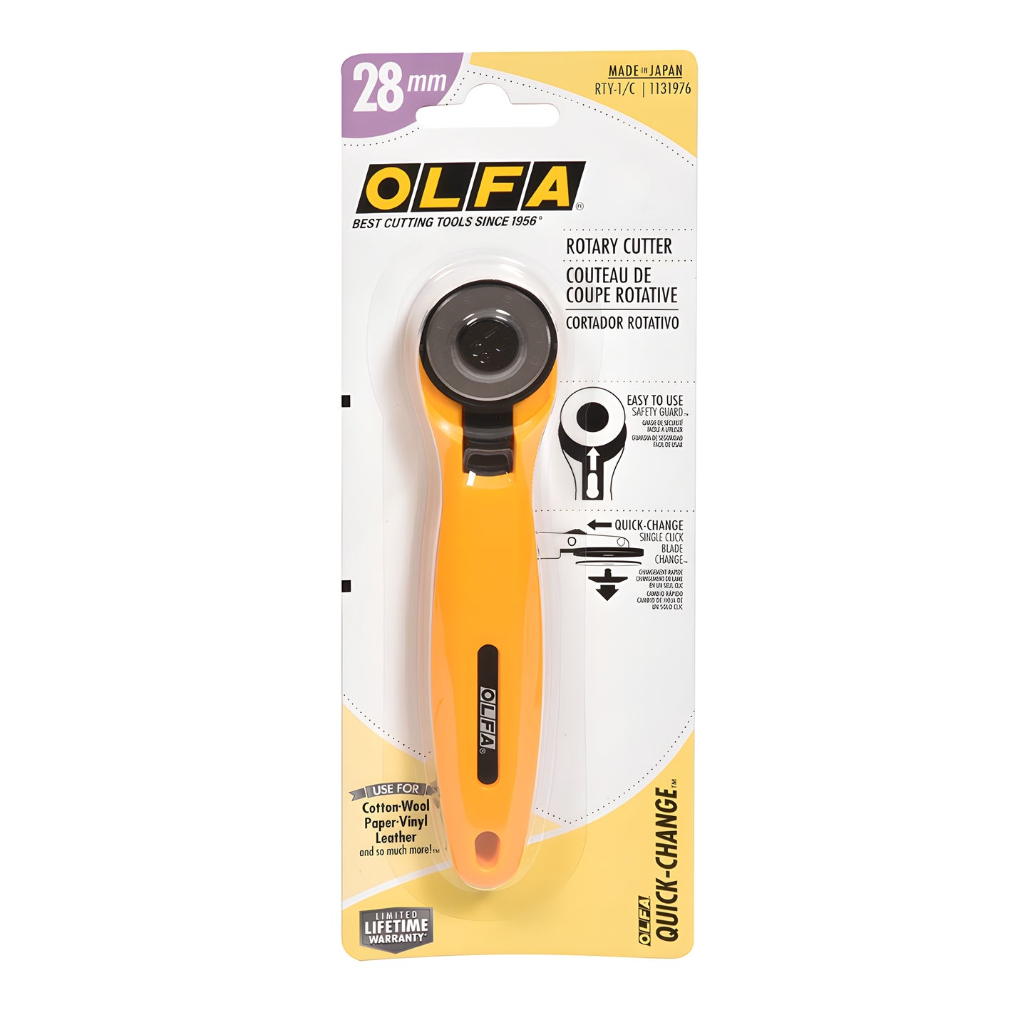 Olfa RT28 1in rotary cutter - compact orange straight handle with 28mm tungsten steel blade.