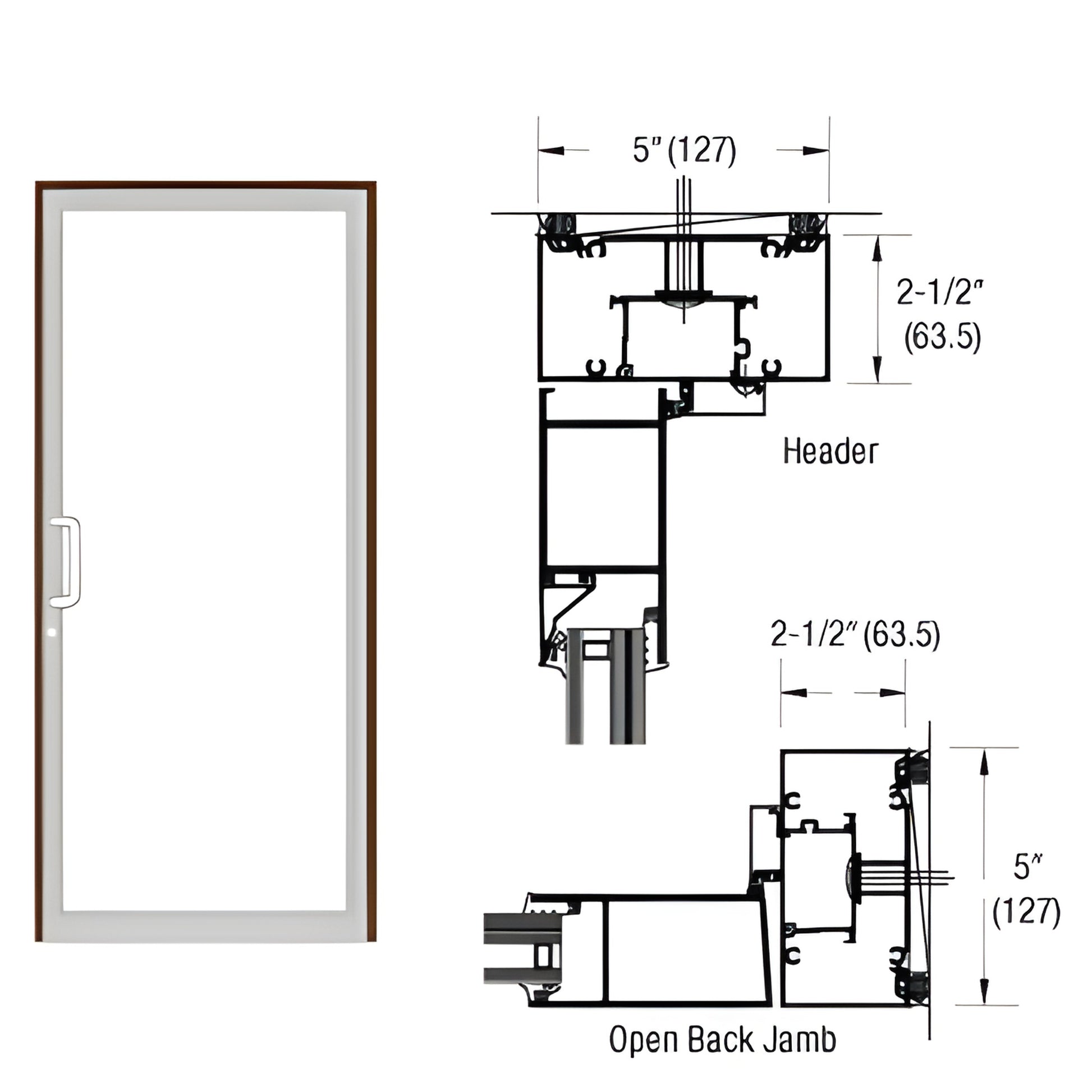 Custom Up/Over hurricane impact door frame (SKU 0F71822), black bronze anodized, 2-1/2" x 5" with handle and jamb diagrams.