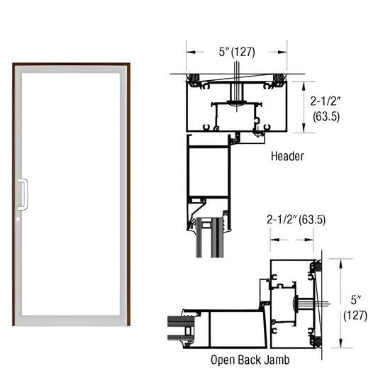 Custom Up/Over hurricane impact door frame (SKU 0F71822), black bronze anodized, 2-1/2" x 5" with handle and jamb diagrams.