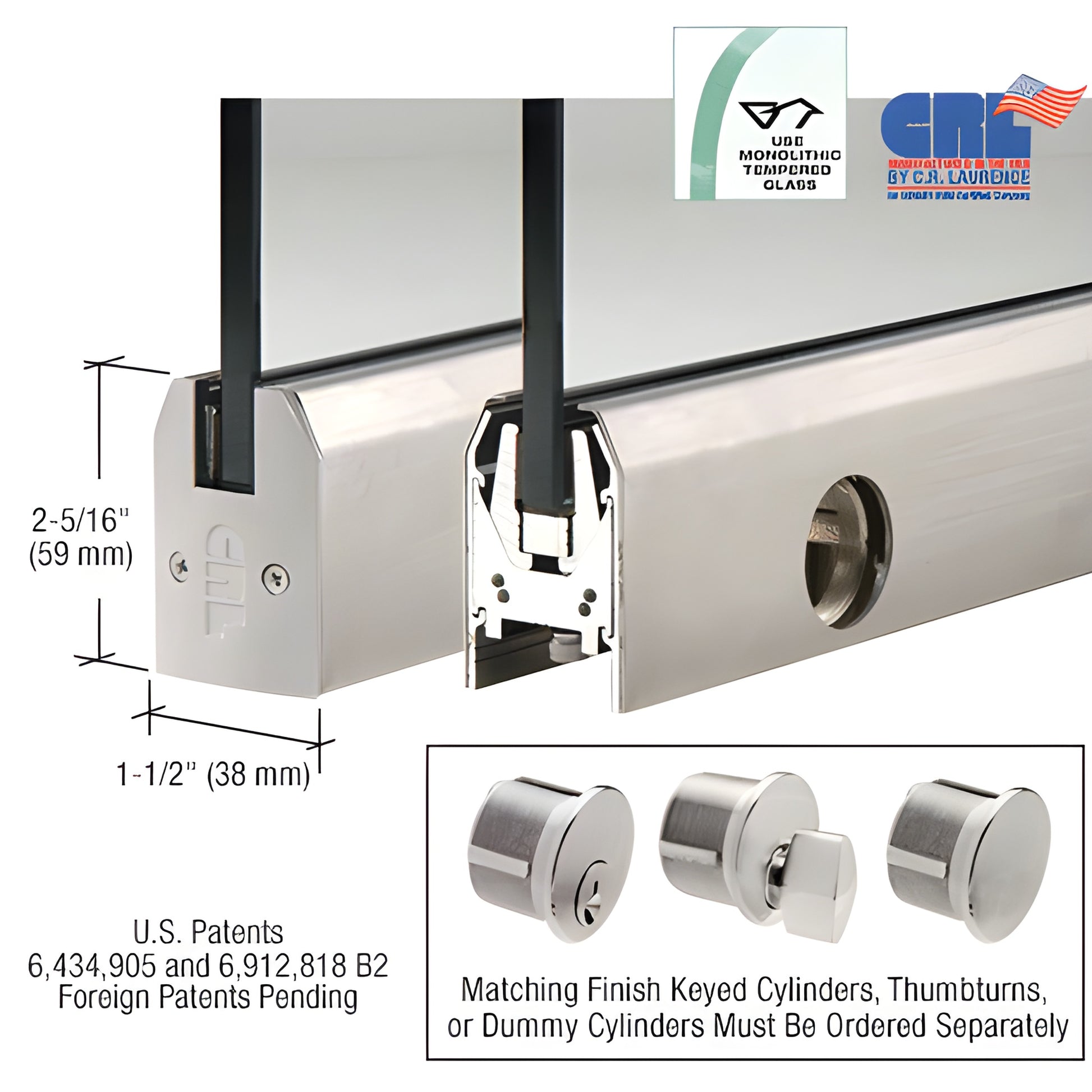 Brushed stainless low-profile door rail DR2TBS12CL for 1/2" glass with Wedge-Lock system and lock