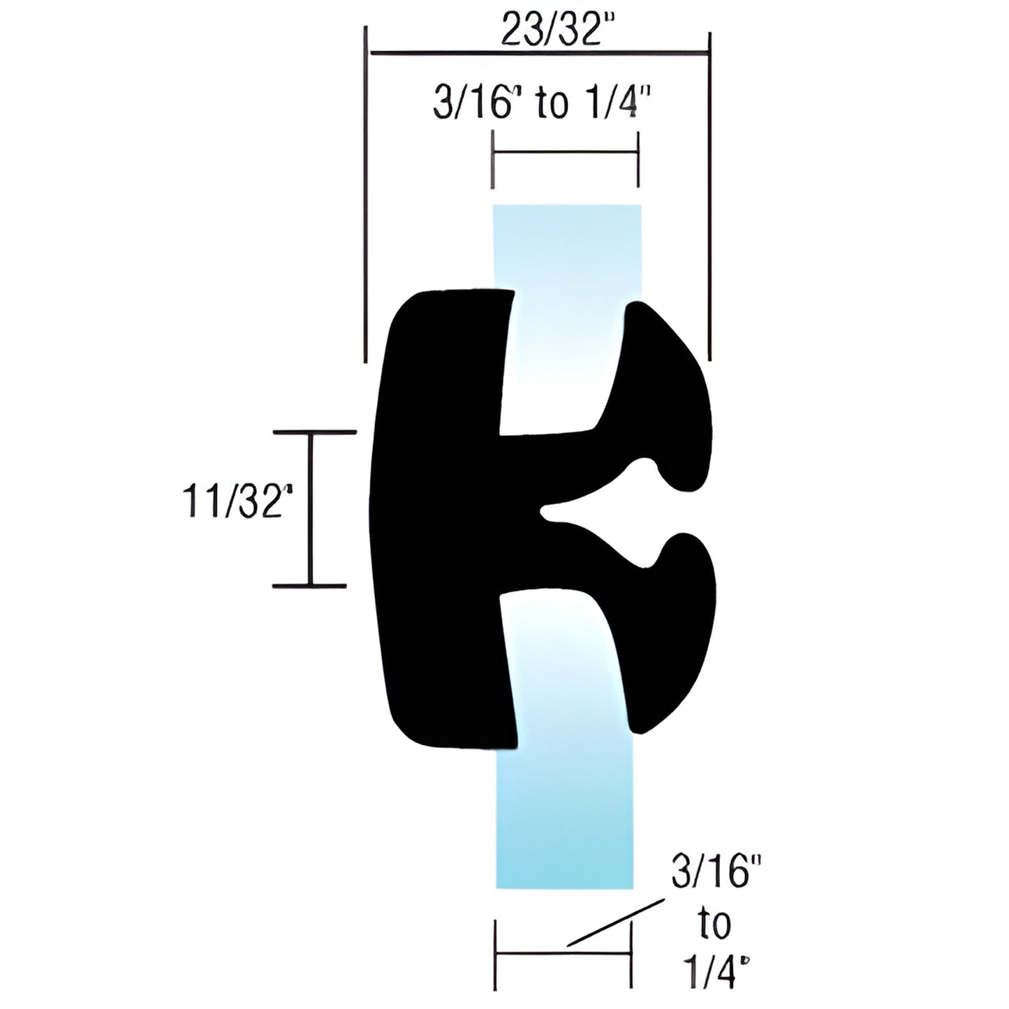 AS1488 EPDM two-piece self-sealing weatherstrip cross-section, black - fits 3/16-1/4" (5-6mm) glass, 23/32" wide