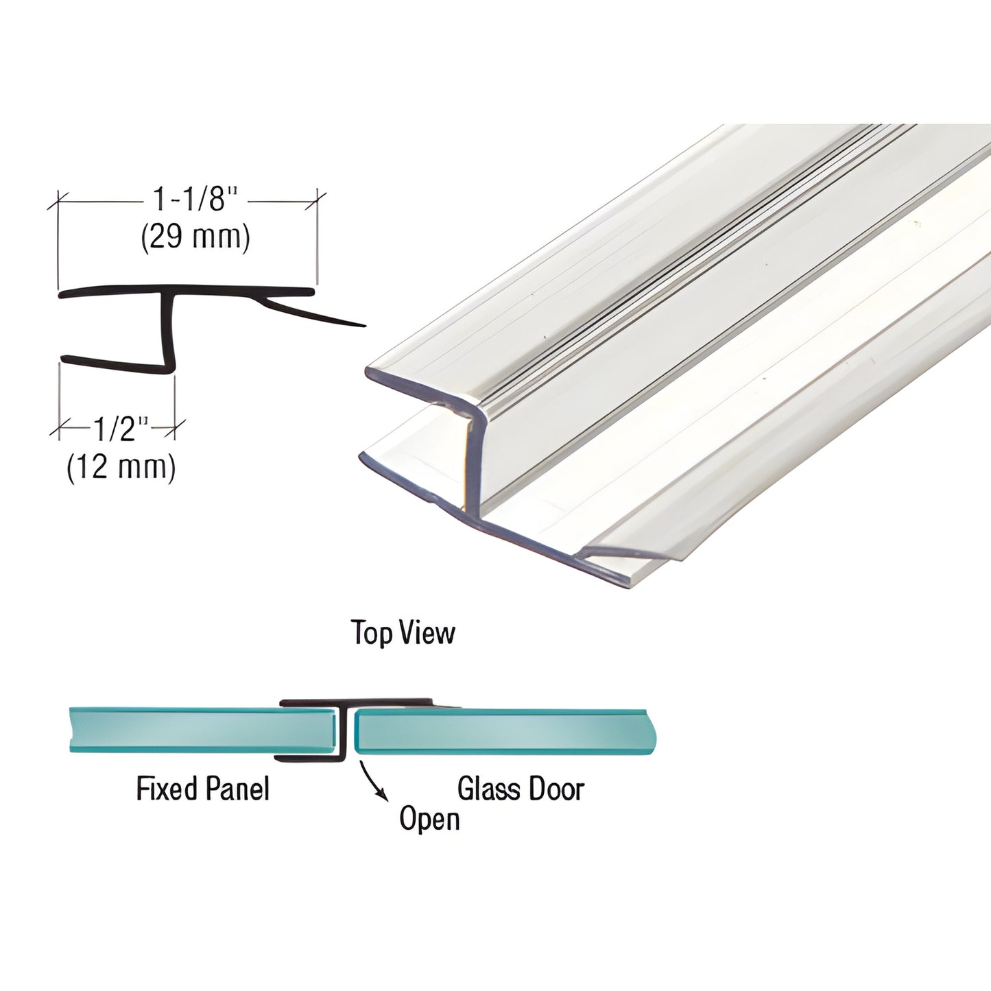 P1801P clear polycarbonate 180 inline shower door H-jamb with vinyl insert, snaps onto glass, 95 in length.