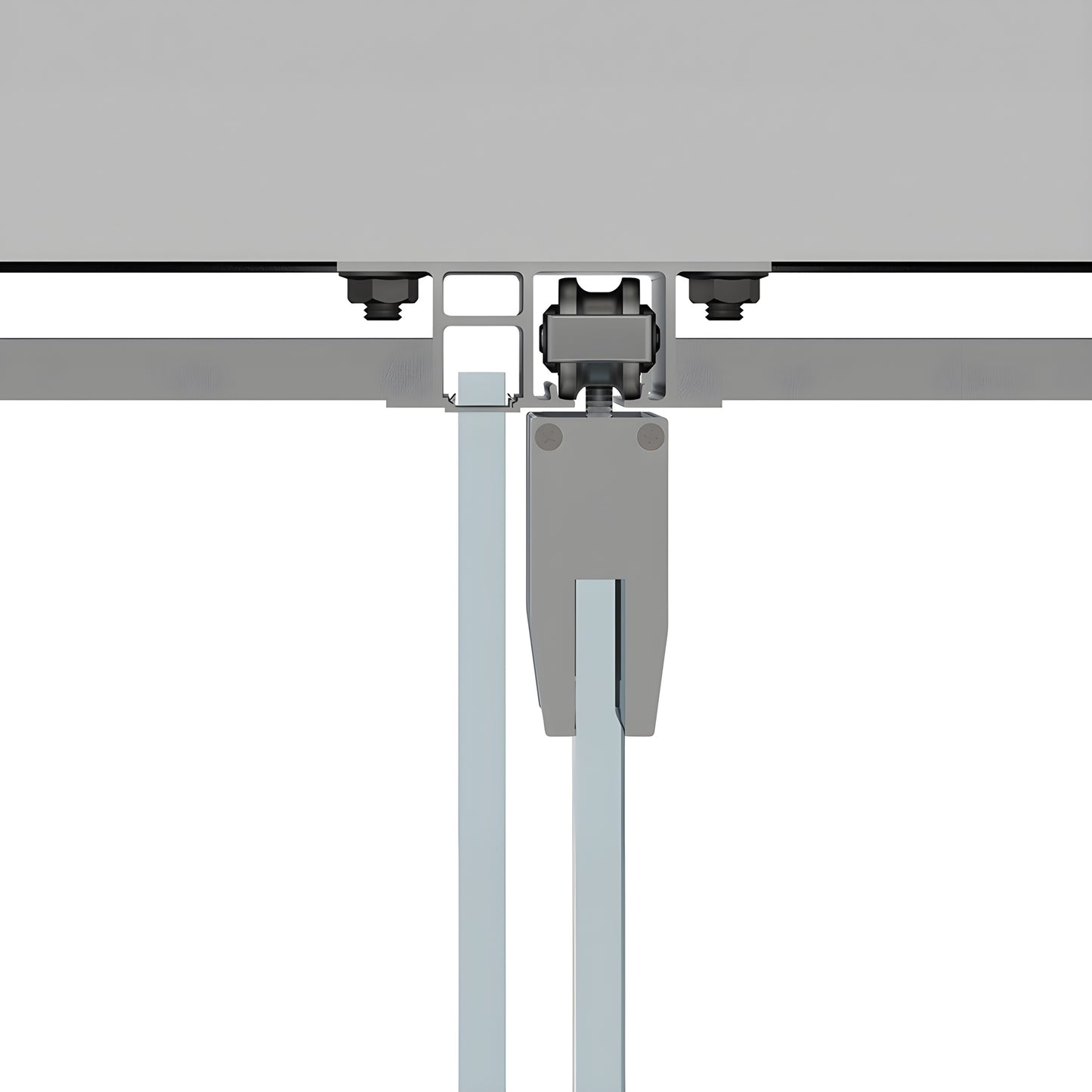 CRL501D satin-anodized dropped-ceiling sliding door track and hanger with tempered glass panel.