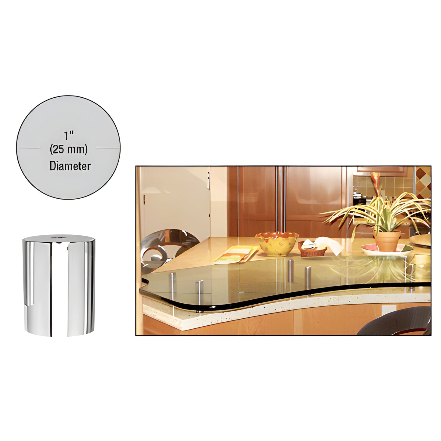 Polished 316 stainless steel 1" standoff (SKU S0B10112PS) with example glass panel mounting in a kitchen setting.