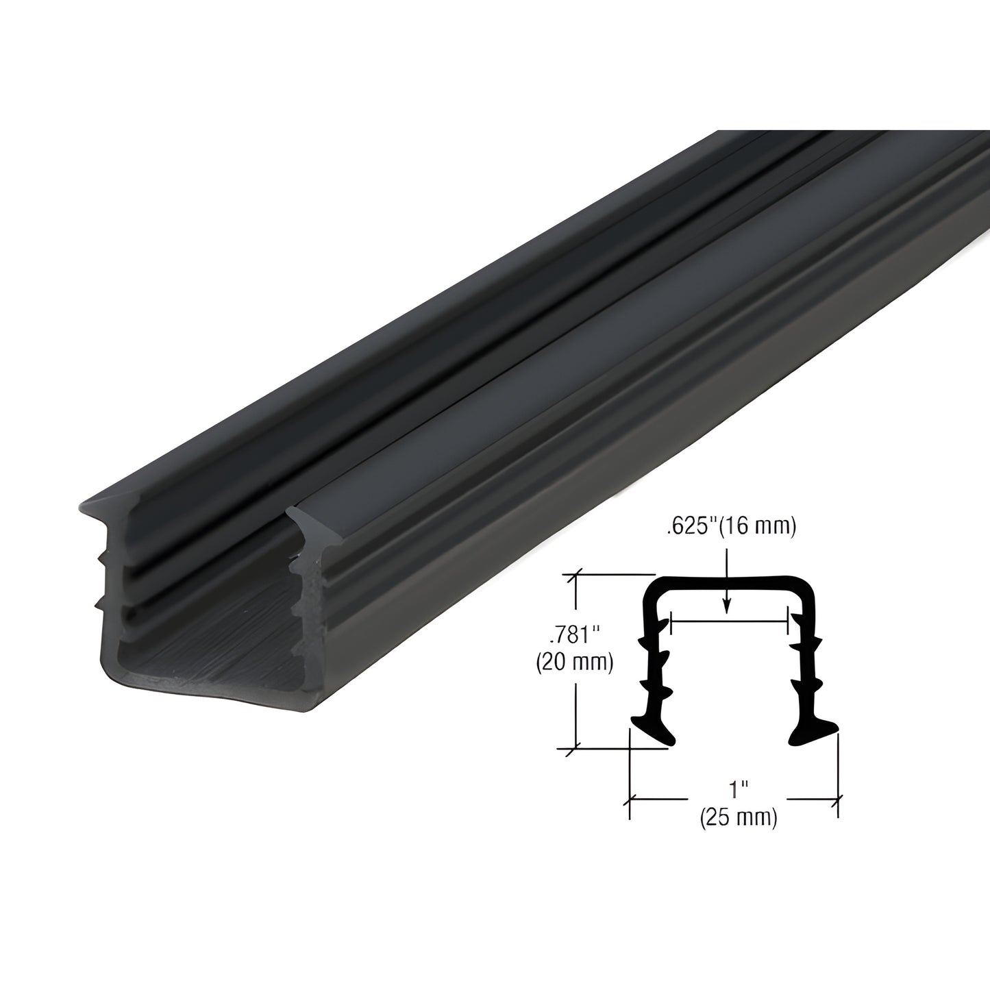 GRRF1519PV black rubber glazing insert for GRRF15 cap rail, fits 3/4" (19 mm) tempered glass.
